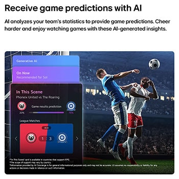 LG NANO 4K UHD AI nu70 Sports Forecast by AI Concierge displays a live soccer match with an on-screen AI panel presenting predictions, game insights, and league data, suggesting how AI analyzes gameplay to forecast match outcomes. 